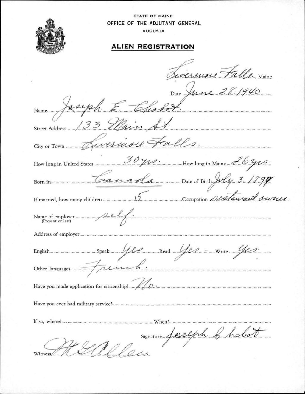 Miniature of Alien Registration- Chabot, Joseph E. (Livermore Falls, Androscoggin County)