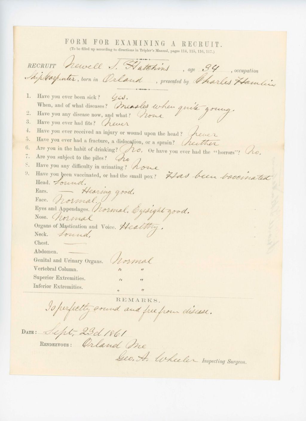 Miniature of Newell S. Hutchins Medical Examination