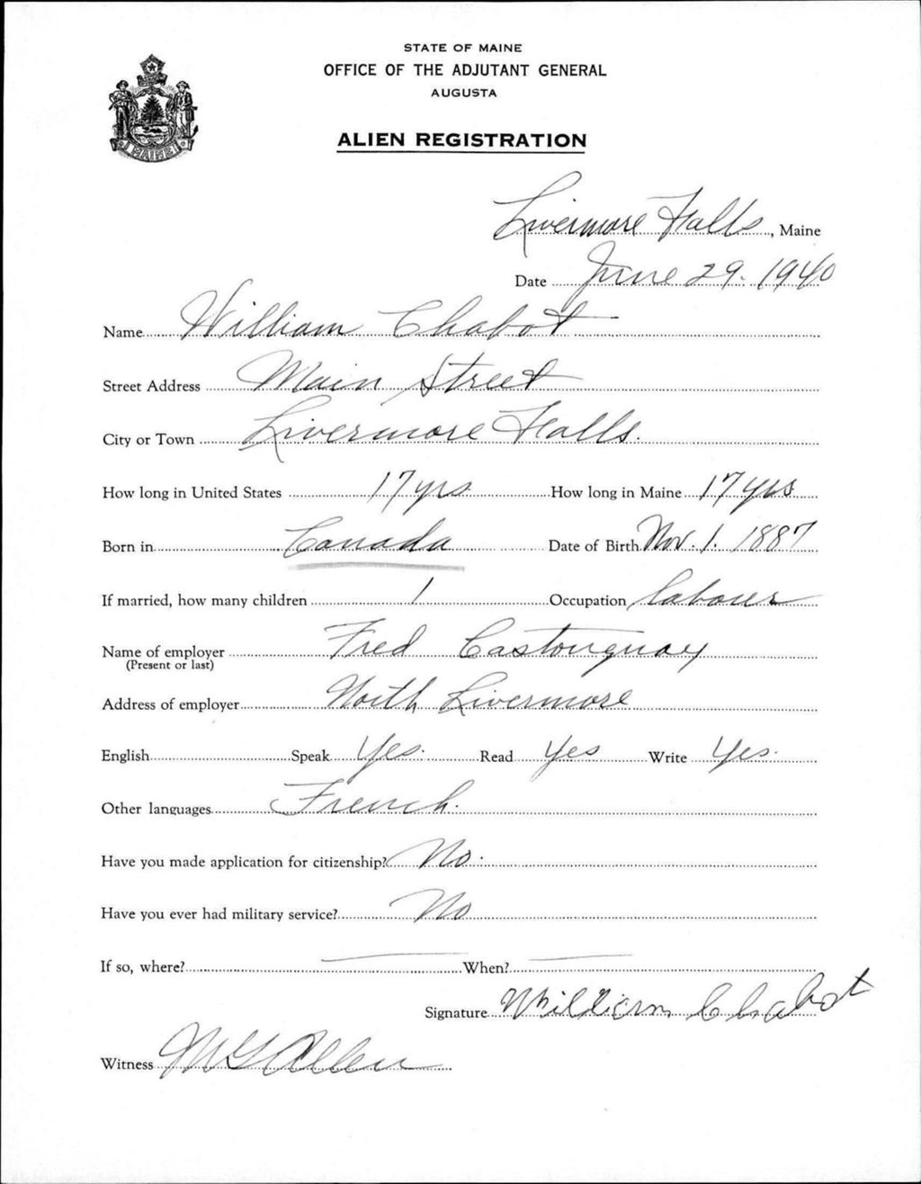 Miniature of Alien Registration- Chabot, William (Livermore Falls, Androscoggin County)