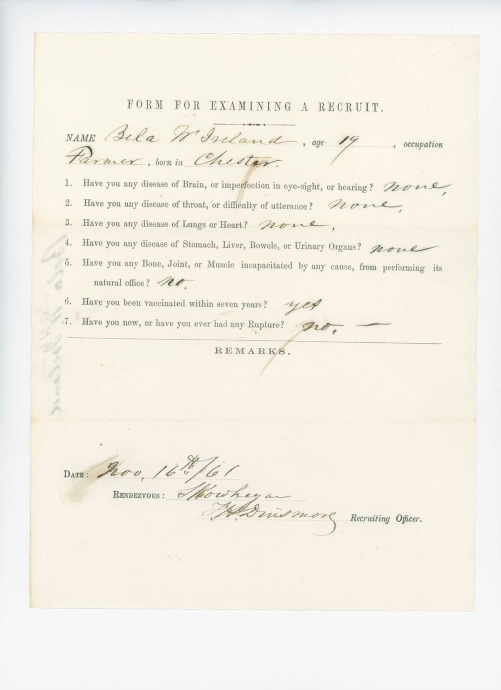 Miniature of Bela W. Ireland Medical Examination