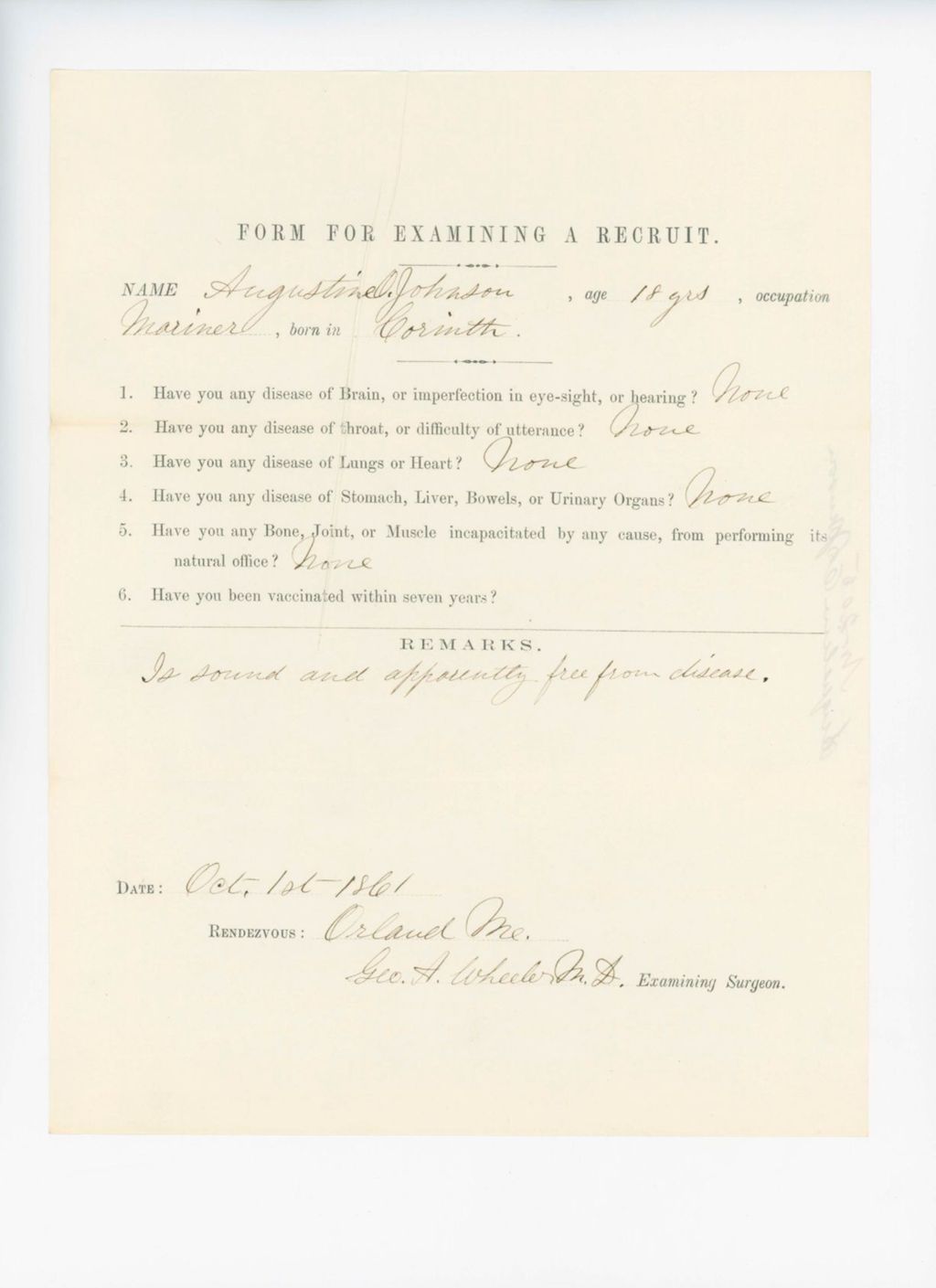 Miniature of Augustine O. Johnson Medical Examination