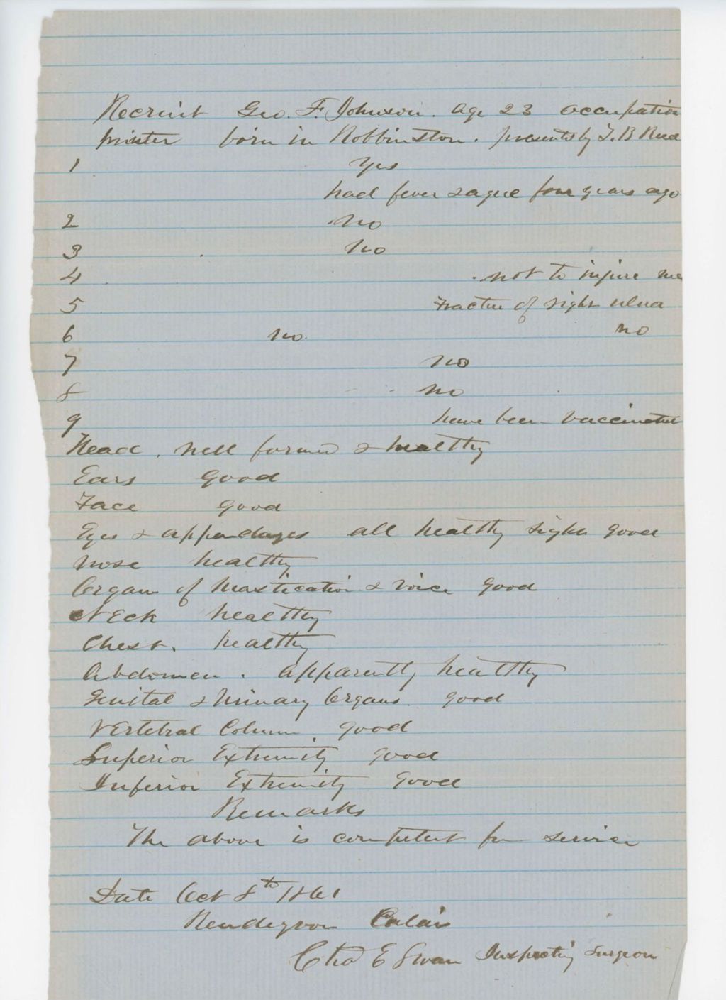 Miniature of George F. Johnson Medical Examination