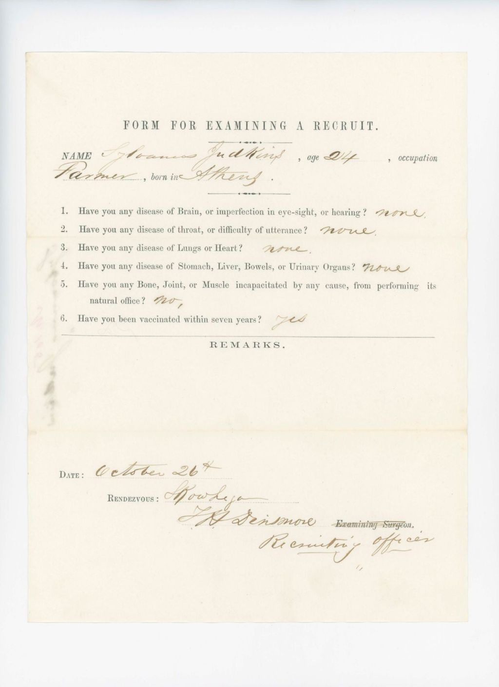 Miniature of Sylvanus Judkins Medical Examination