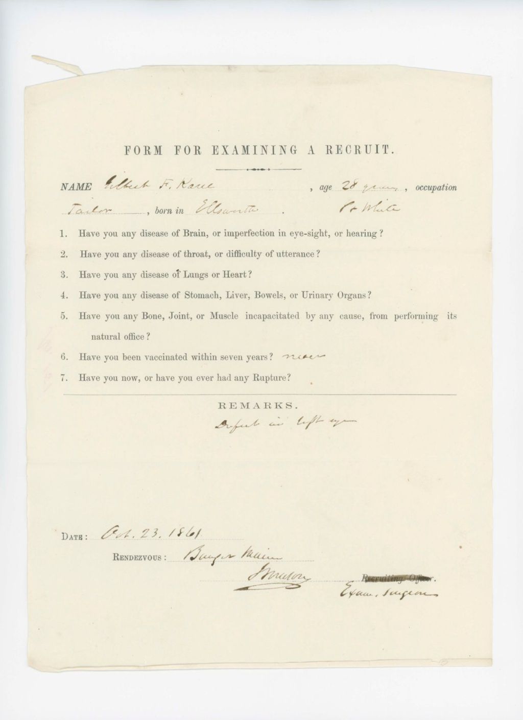 Miniature of Gilbert F. Karre Medical Examination