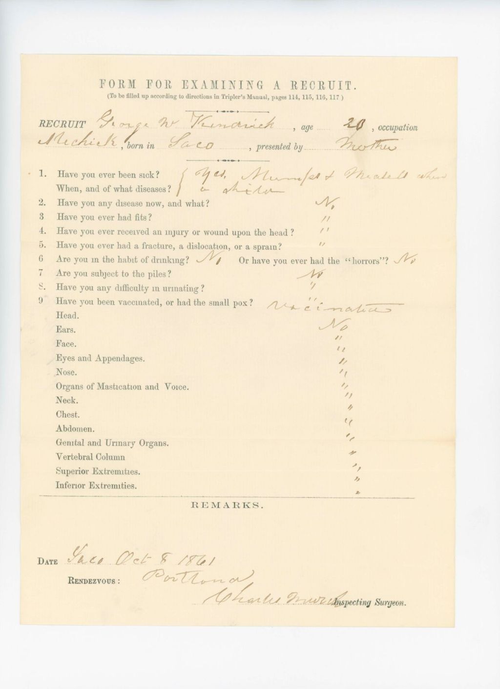 Miniature of George W. Kendrick Medical Examination