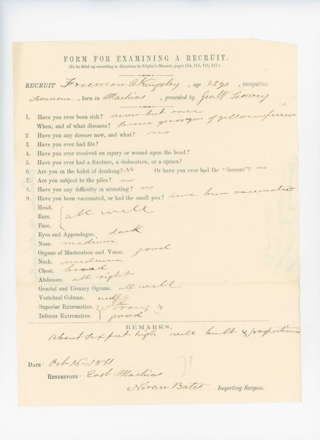 Miniature of Freeman A. Kingsley Medical Examination