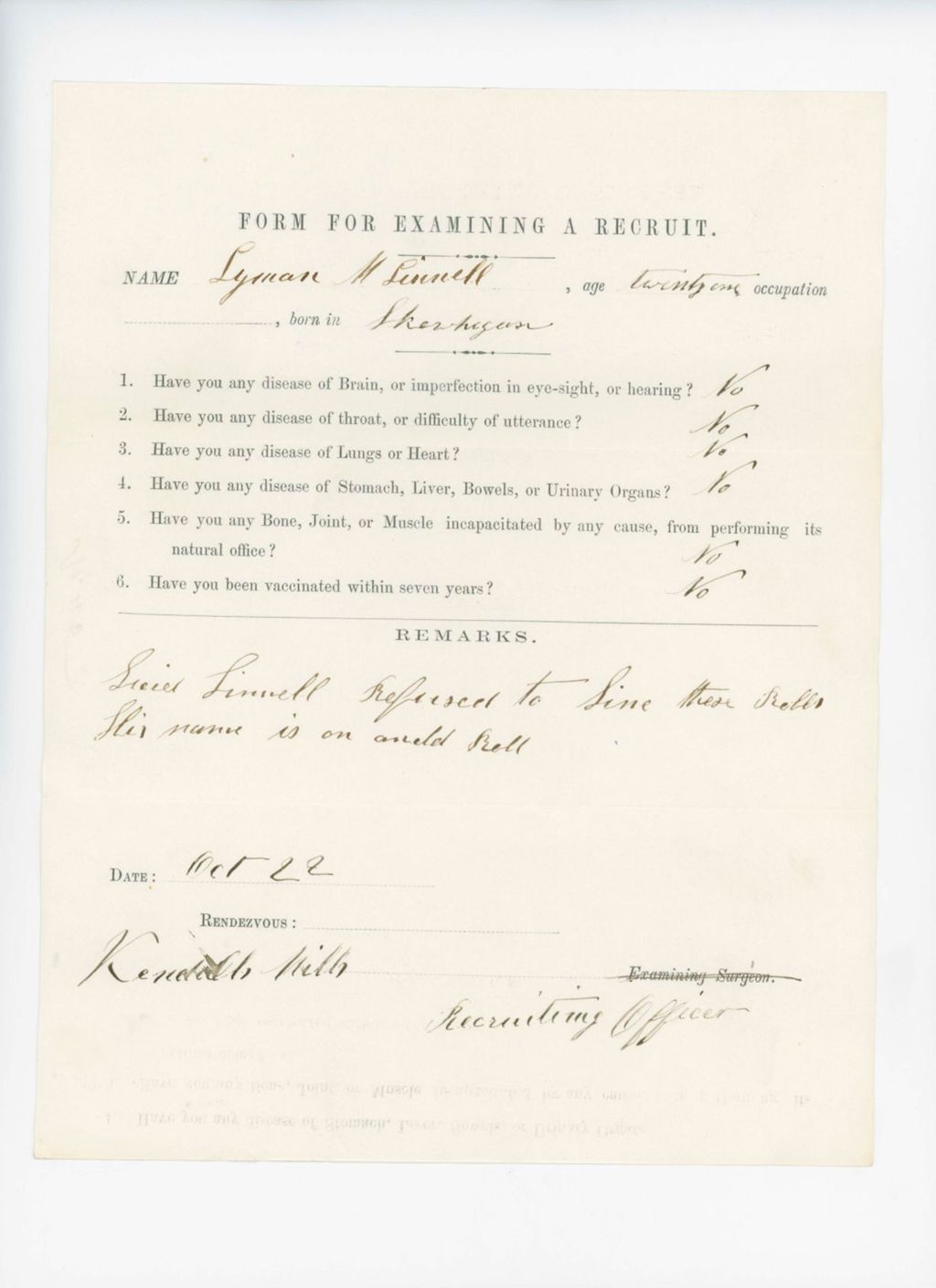 Miniature of Lyman M. Linnell Medical Examination