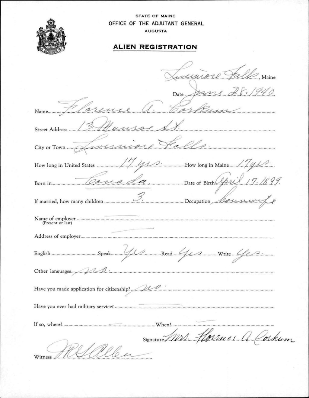 Miniature of Alien Registration- Corkum, Florence A. (Livermore Falls, Androscoggin County)