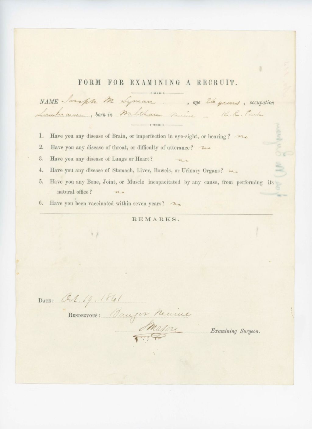 Miniature of Joseph M. Lyman Medical Examination
