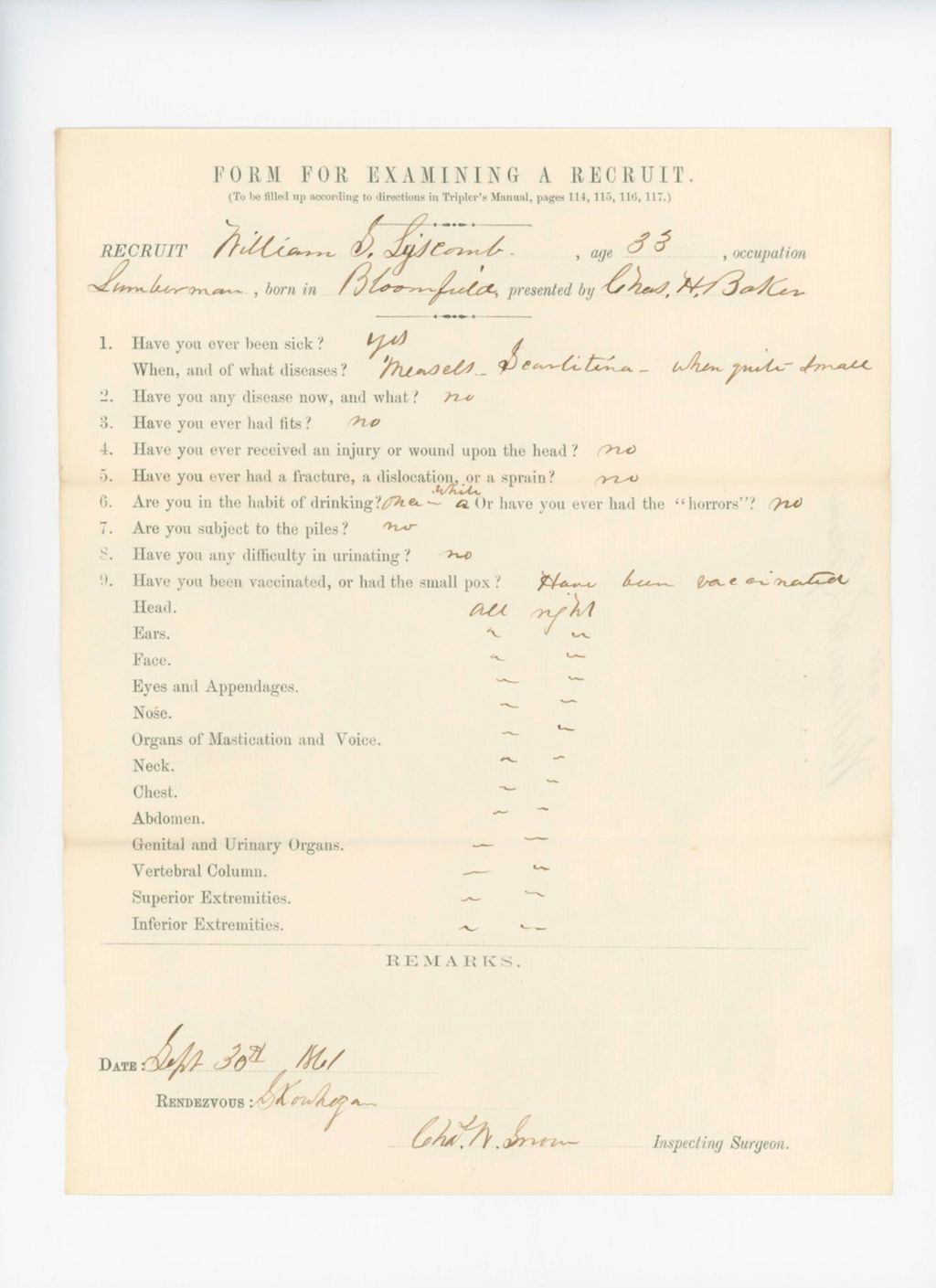 Miniature of William S. Lyscomb Medical Examination