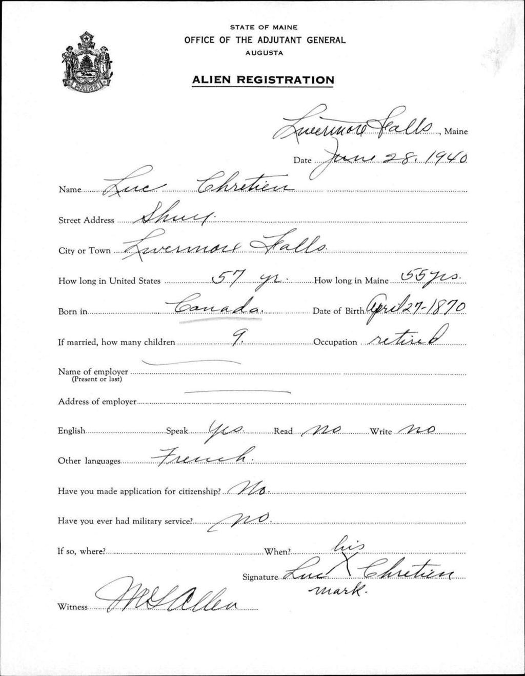 Miniature of Alien Registration- Chretien, Luc (Livermore Falls, Androscoggin County)