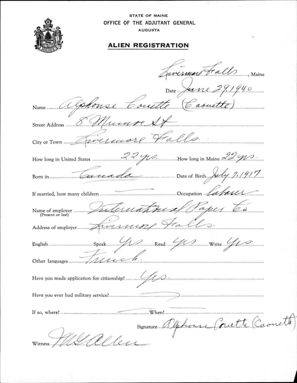 Miniature of Alien Registration- Caouette, Alphonse (Livermore Falls, Androscoggin County)