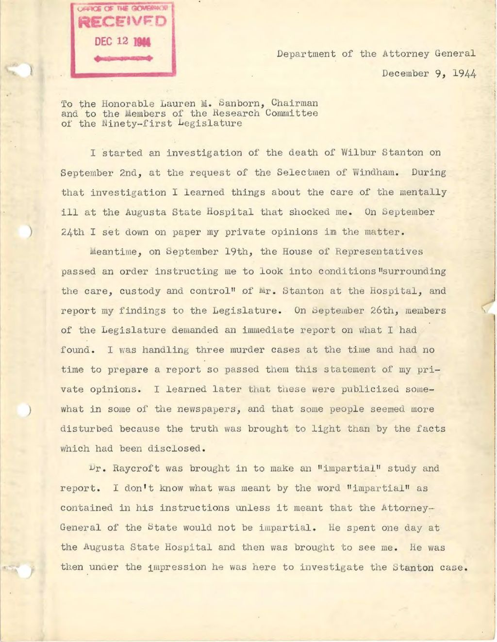 Miniature of Report of Frank Cowan, Attorney General, Investigating the Death of Wilber Stanton and Other Abuses at the Augusta State Hospital