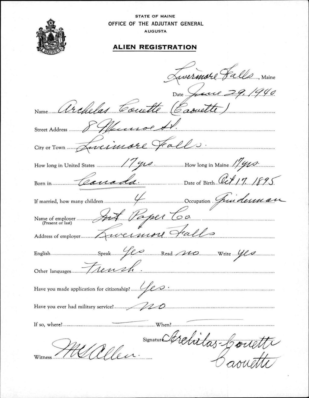 Miniature of Alien Registration- Caouette, Archelas (Livermore Falls, Androscoggin County)