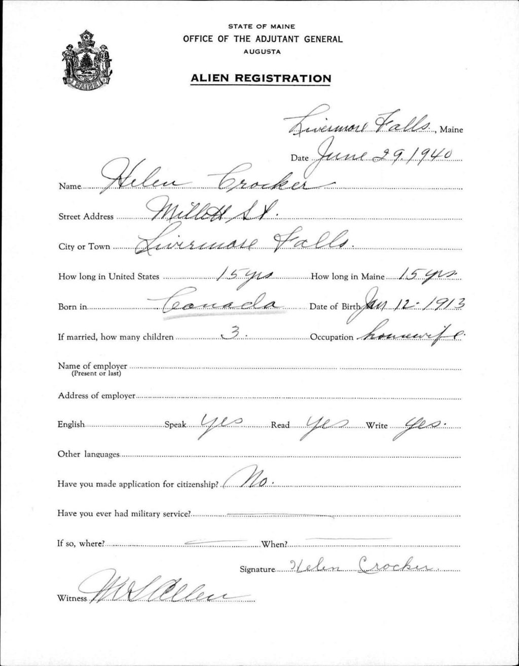 Miniature of Alien Registration- Crocker, Helen (Livermore Falls, Androscoggin County)