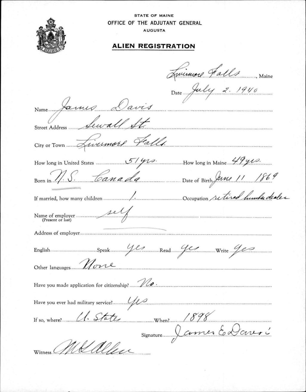 Miniature of Alien Registration- Davis, James (Livermore Falls, Androscoggin County)