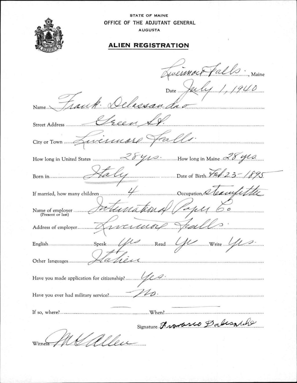Miniature of Alien Registration- Delassandro, Frank (Livermore Falls, Androscoggin County)