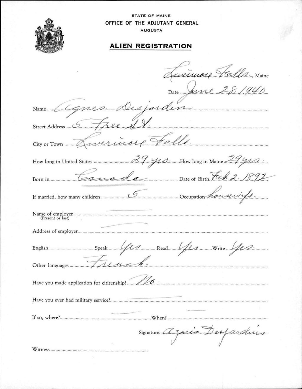 Miniature of Alien Registration- Desjardin, Agnes (Livermore Falls, Androscoggin County)