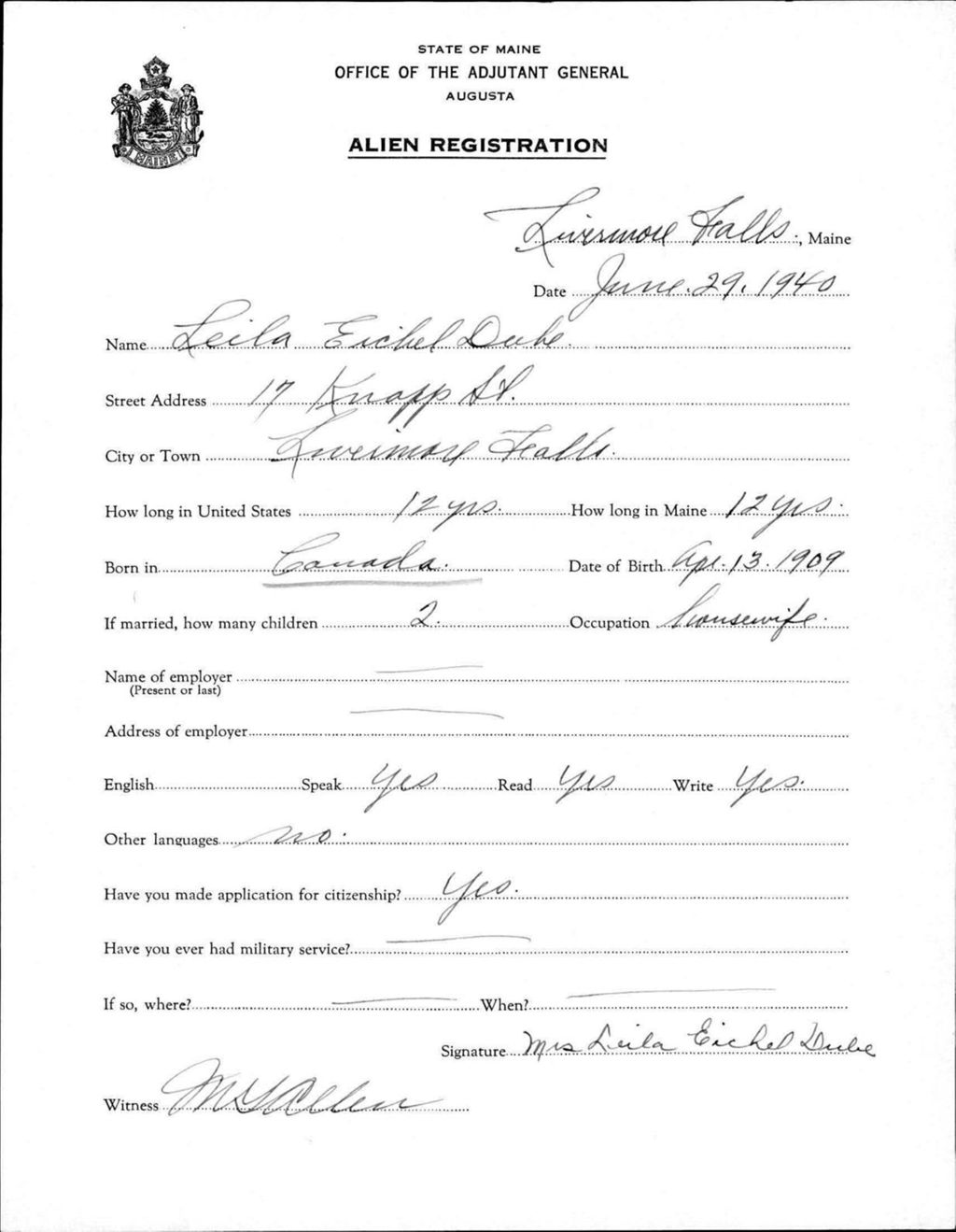 Miniature of Alien Registration- Eichel, Leila (Livermore Falls, Androscoggin County)
