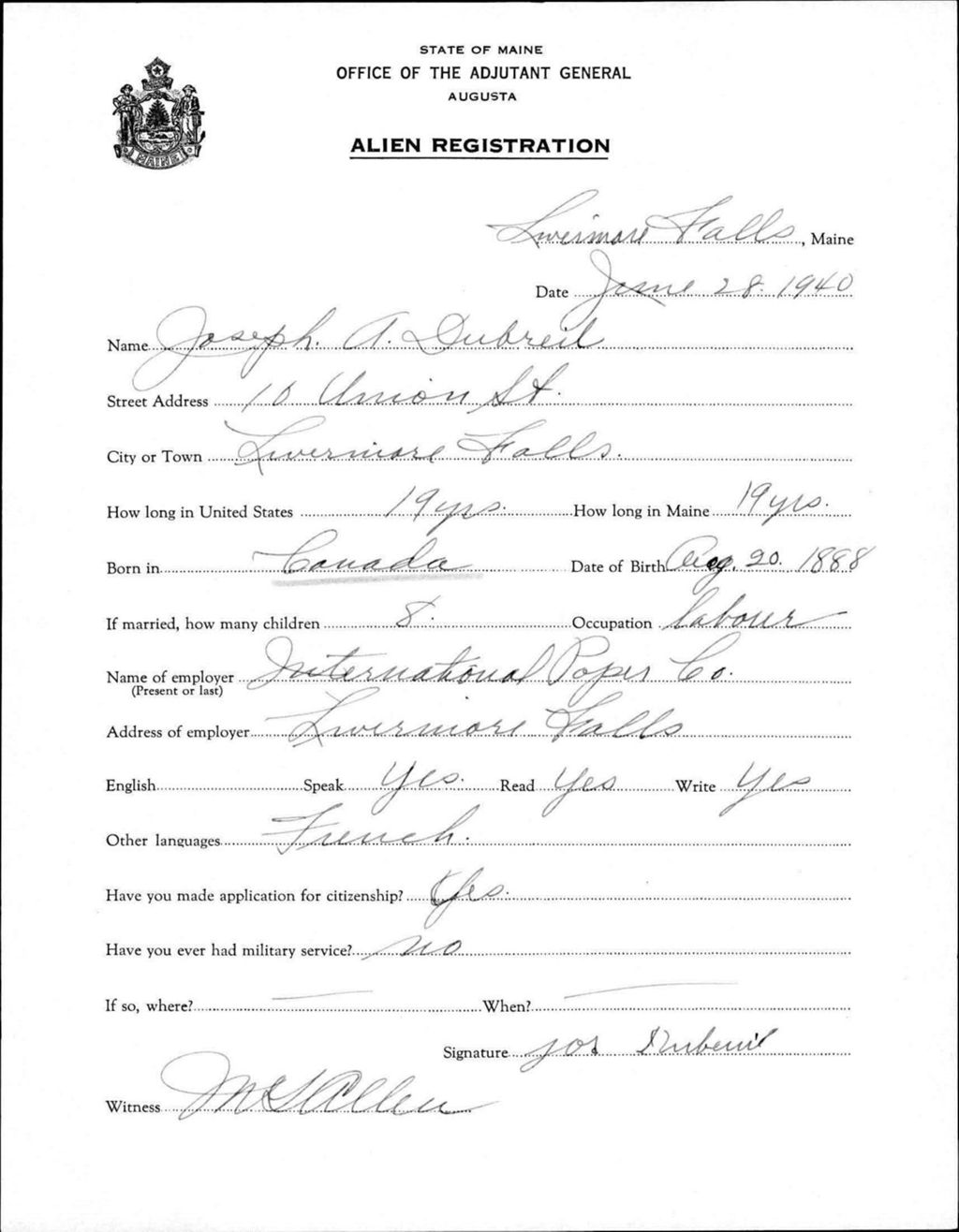 Miniature of Alien Registration- Dubreil, Joseph A. (Livermore Falls, Androscoggin County)