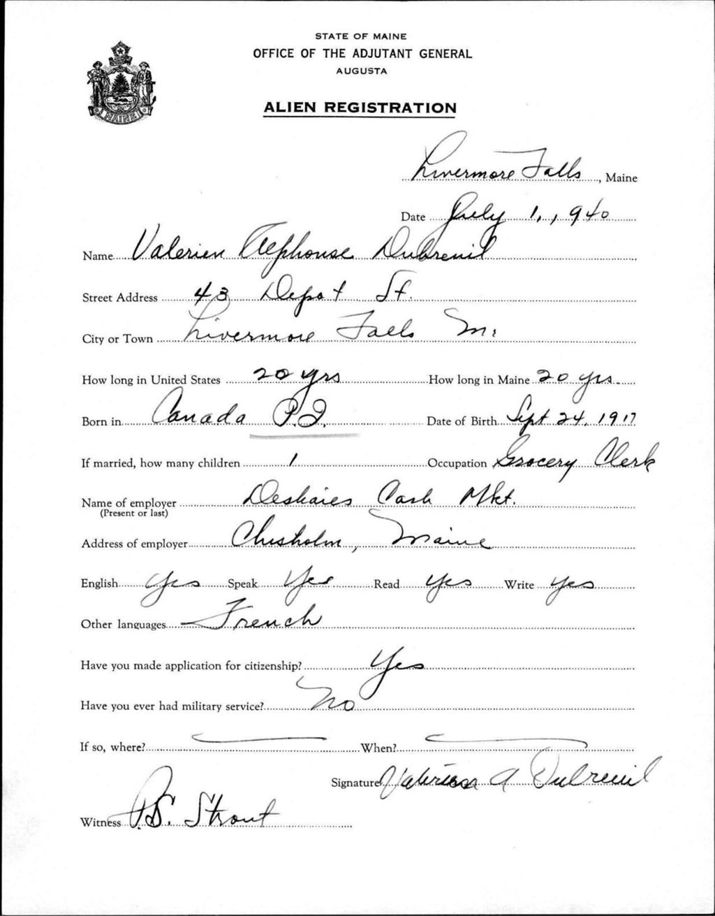 Miniature of Alien Registration- Dubrenil, Valerien A. (Livermore Falls, Androscoggin County)