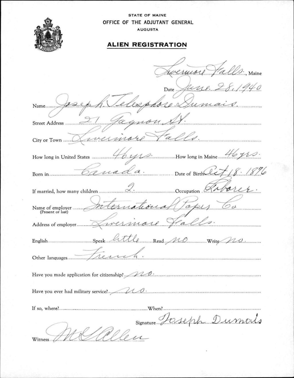 Miniature of Alien Registration- Dumais, Joseph T. (Livermore Falls, Androscoggin County)