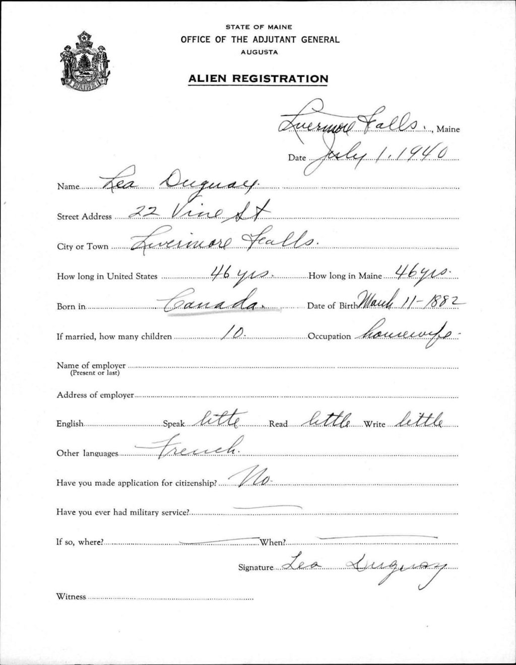 Miniature of Alien Registration- Duguay, Lea (Livermore Falls, Androscoggin County)