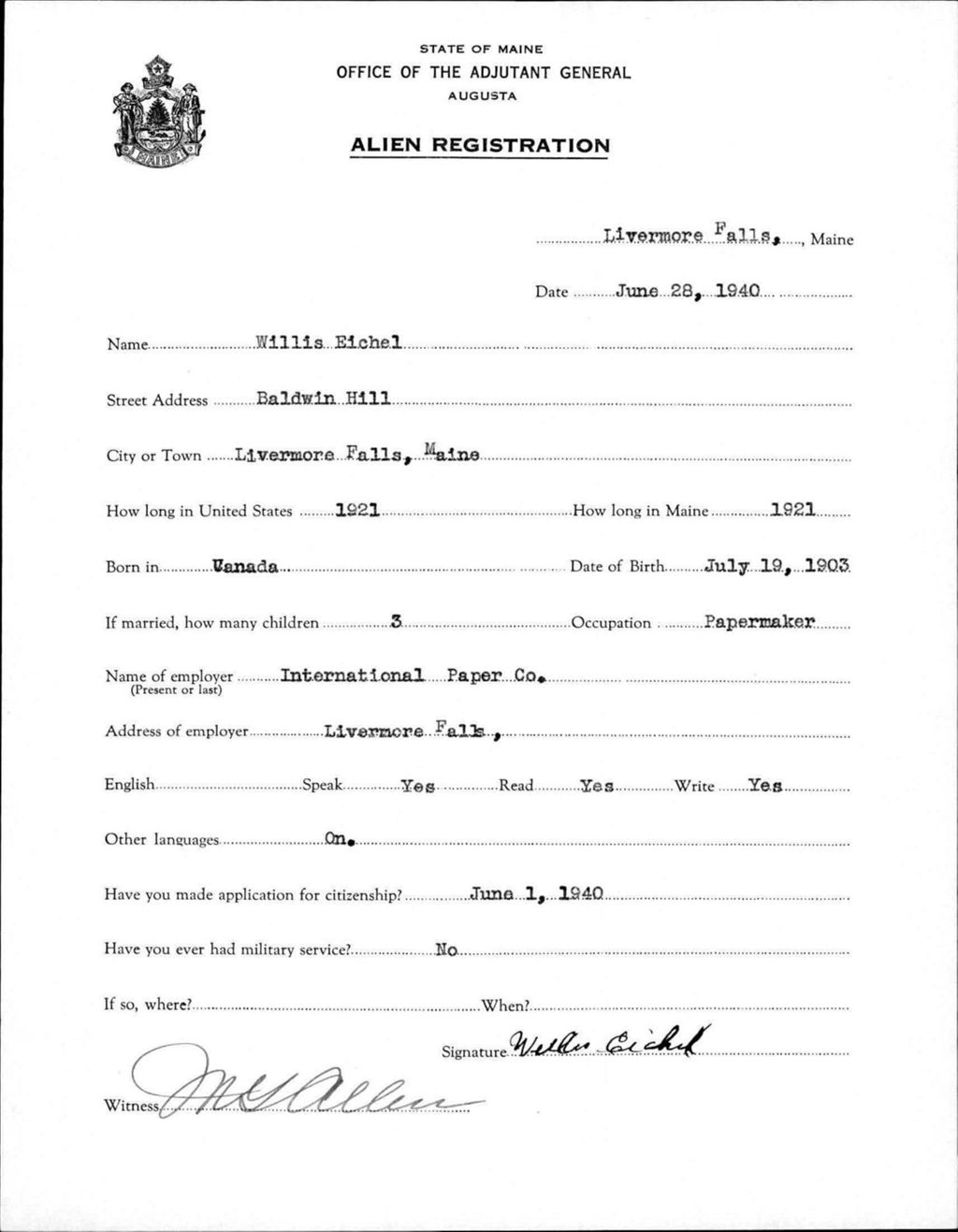 Miniature of Alien Registration- Eichel, Willis (Livermore Falls, Androscoggin County)