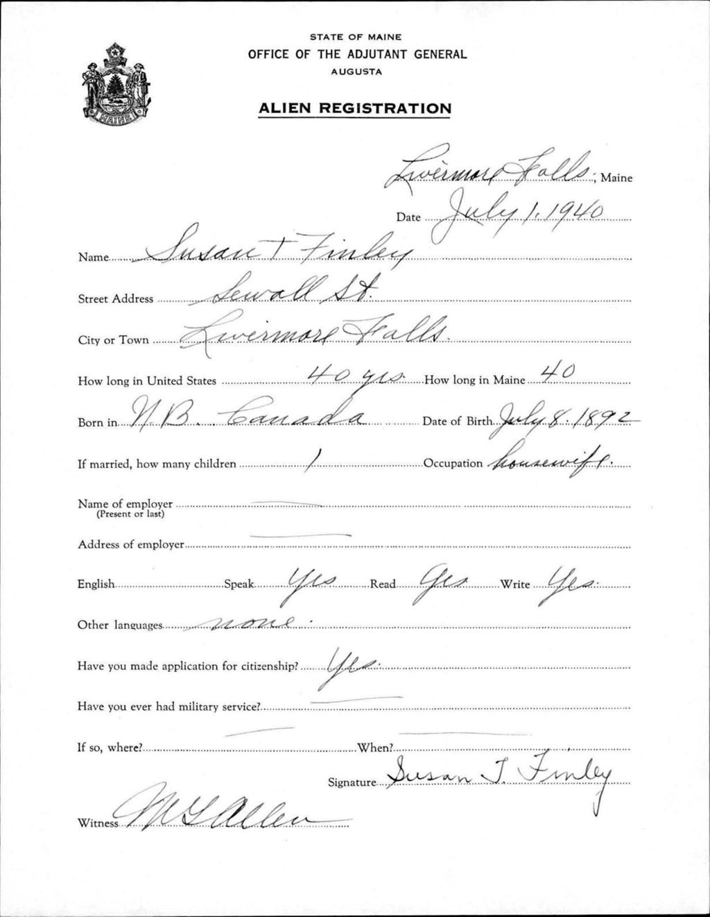 Miniature of Alien Registration- Finley, Susan T. (Livermore Falls, Androscoggin County)
