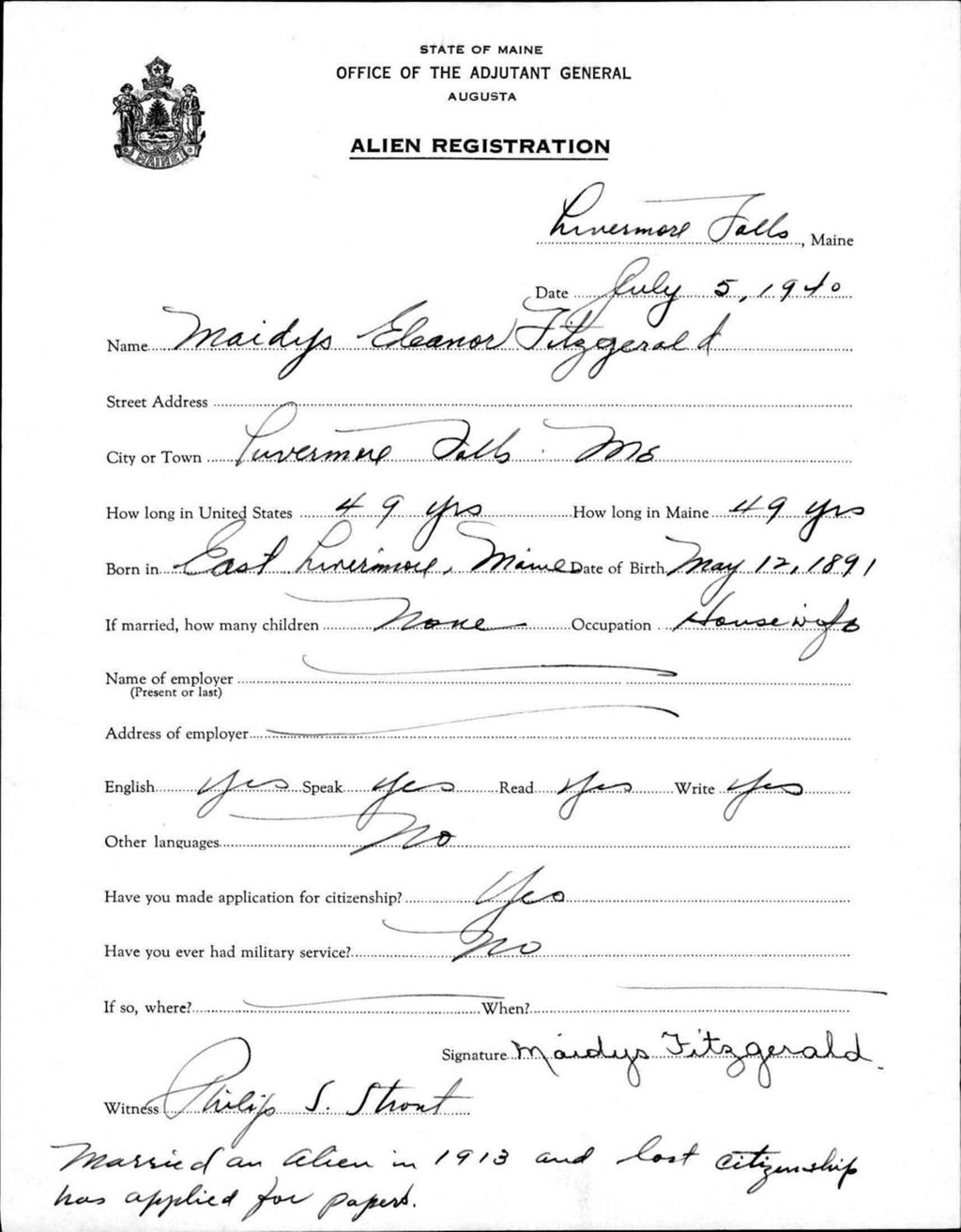 Miniature of Alien Registration- Fitzgerald, Maidys E. (Livermore Falls, Androscoggin County)