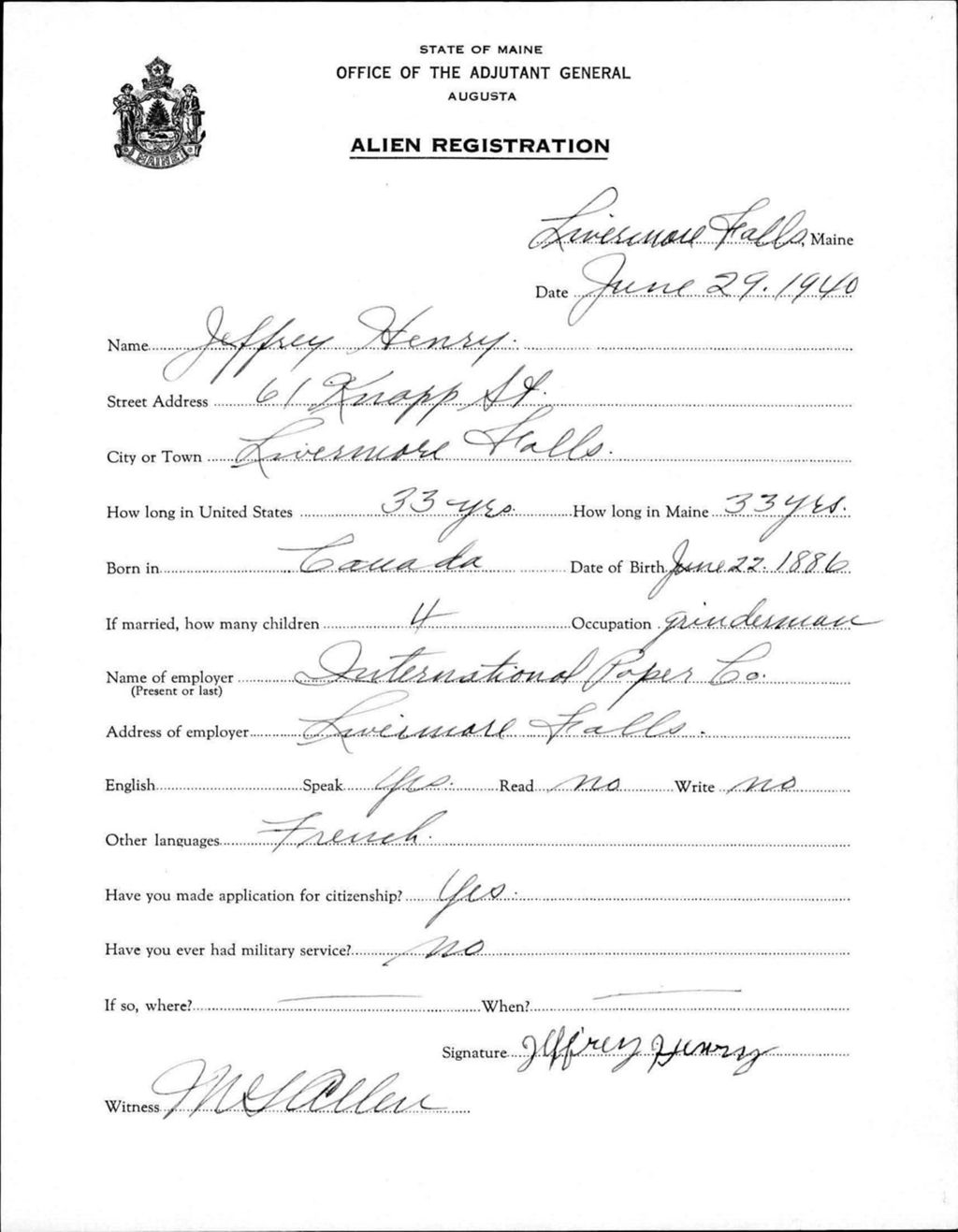Miniature of Alien Registration- Henry, Jeffrey (Livermore Falls, Androscoggin County)