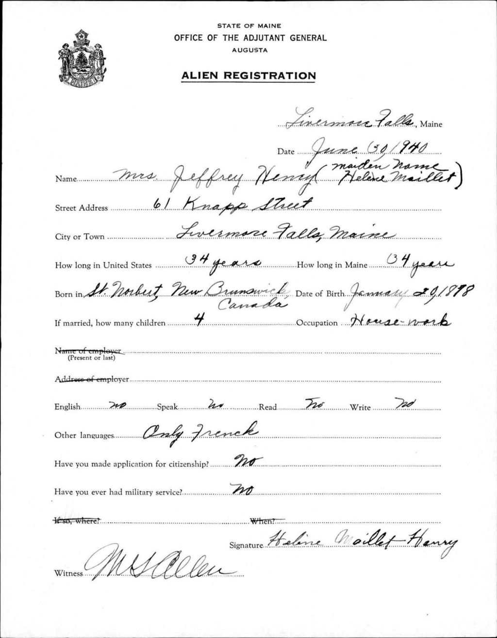 Miniature of Alien Registration- Maillet, Helene (Livermore Falls, Androscoggin County)