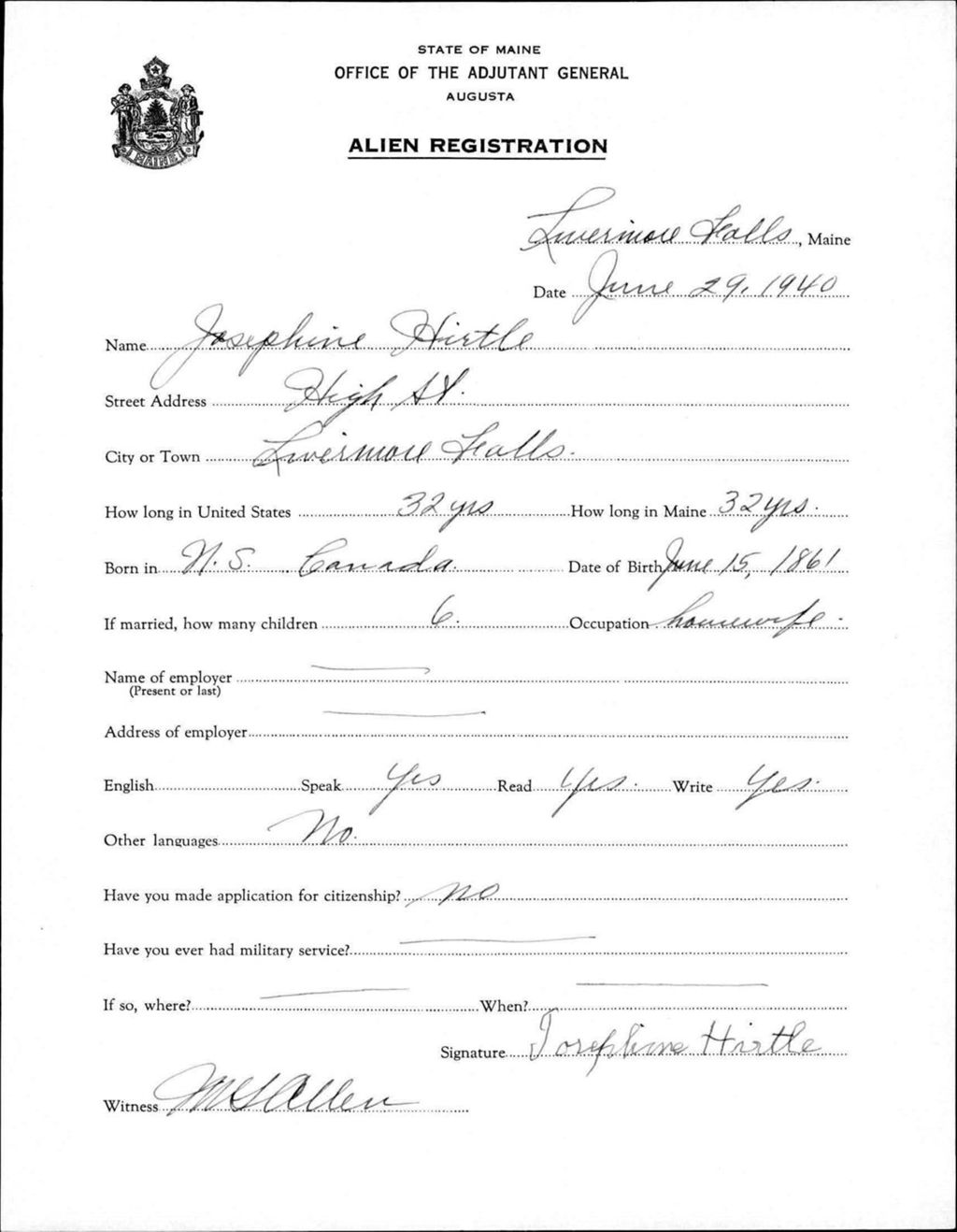 Miniature of Alien Registration- Hirtle, Josephine (Livermore Falls, Androscoggin County)