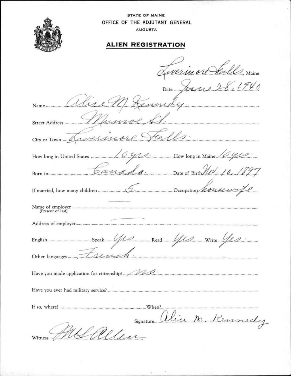 Miniature of Alien Registration- Kennedy, Alice M. (Livermore Falls, Androscoggin County)
