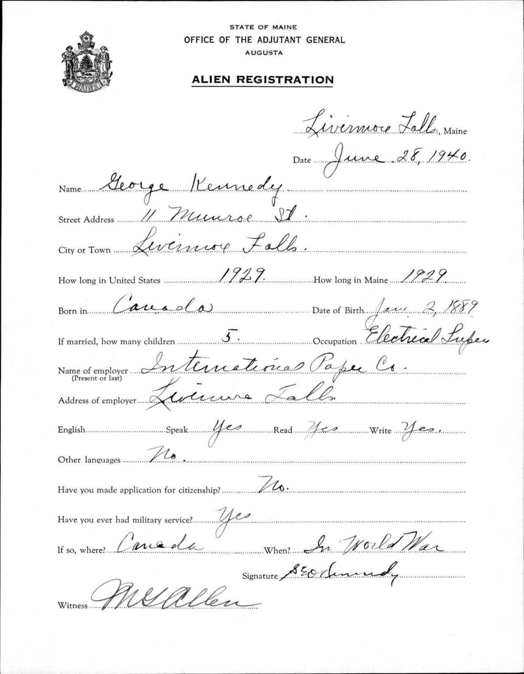 Miniature of Alien Registration- Kennedy, George (Livermore Falls, Androscoggin County)