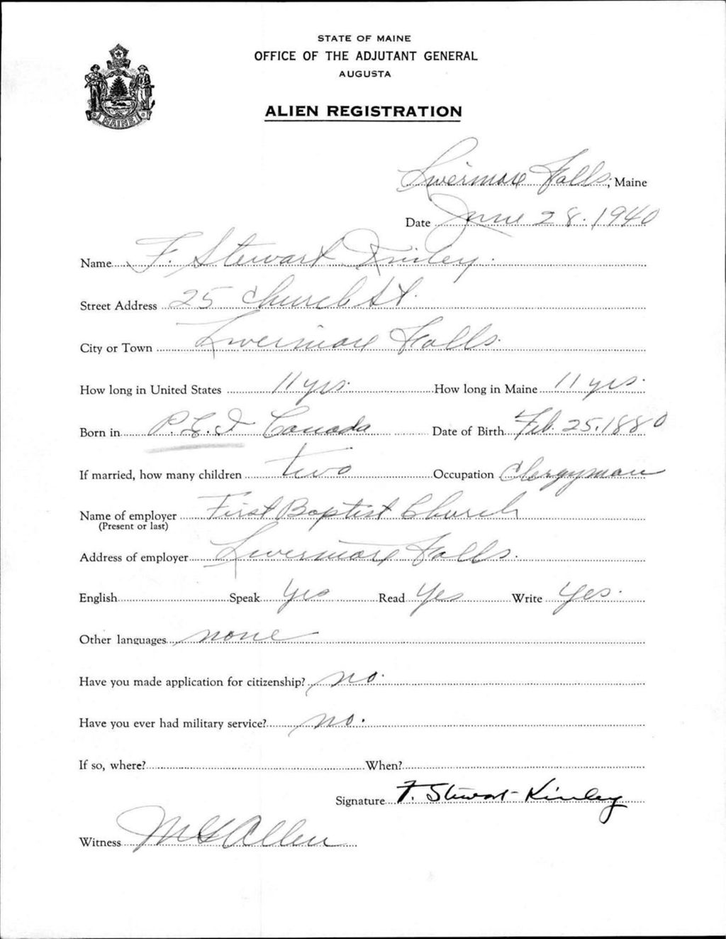 Miniature of Alien Registration- Kinley, F Stewart (Livermore Falls, Androscoggin County)