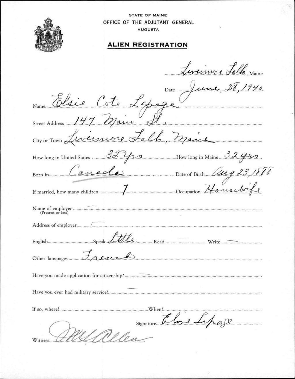 Miniature of Alien Registration- Cote, Elise (Livermore Falls, Androscoggin County)