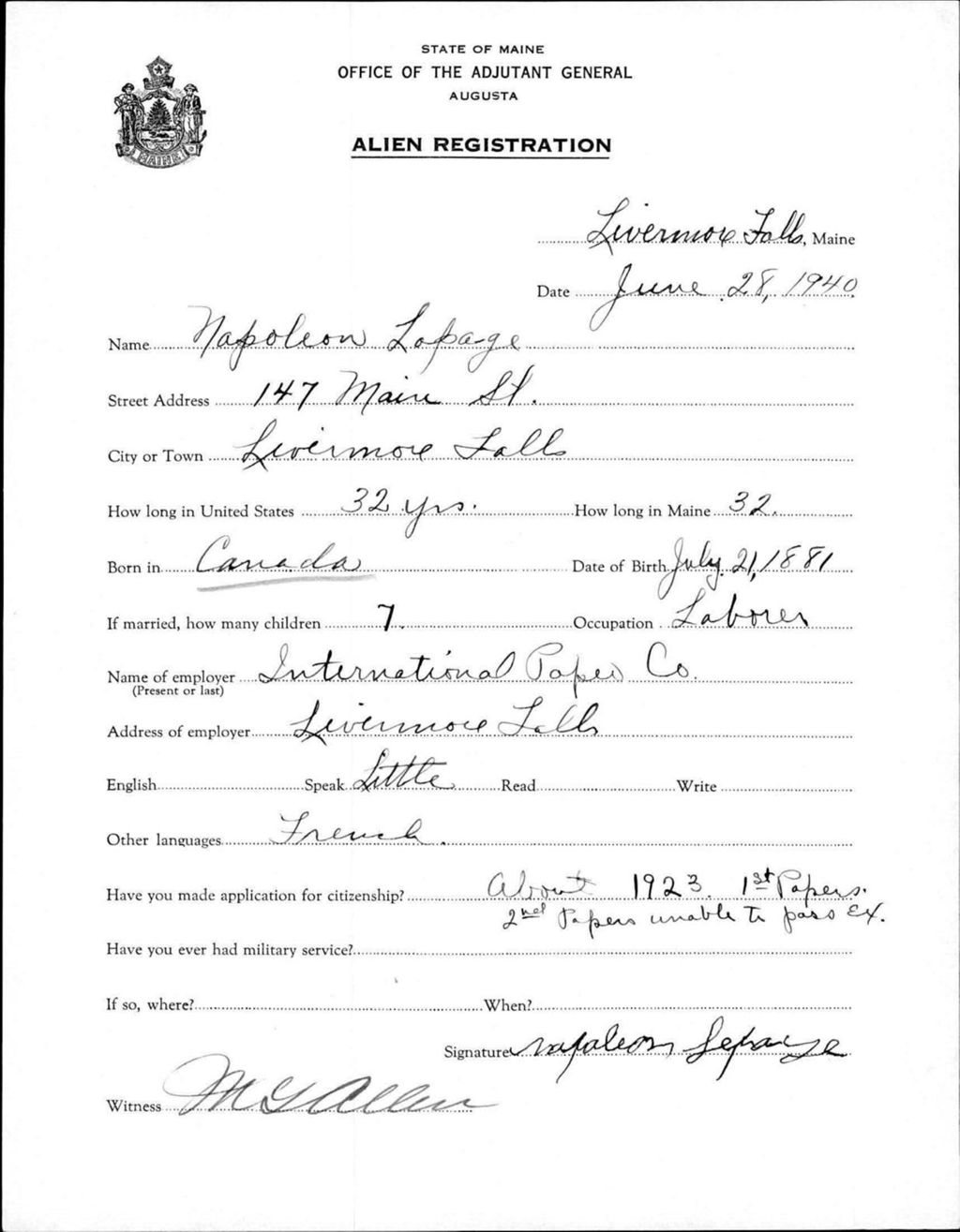 Miniature of Alien Registration- Lapage, Napoleon (Livermore Falls, Androscoggin County)