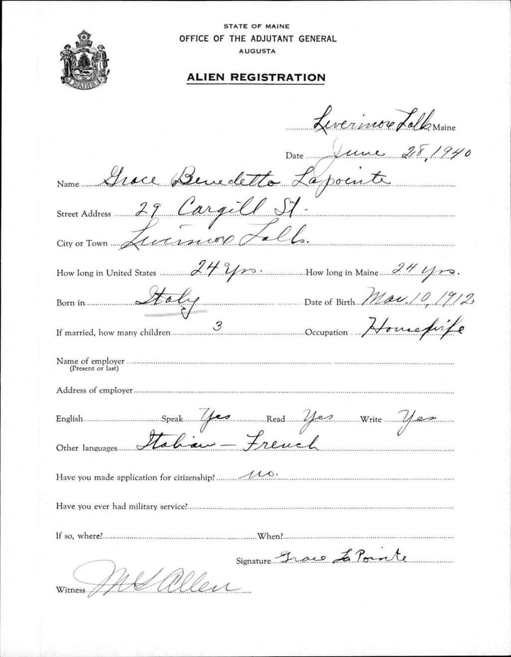 Miniature of Alien Registration- Benedetto, Grace (Livermore Falls, Androscoggin County)