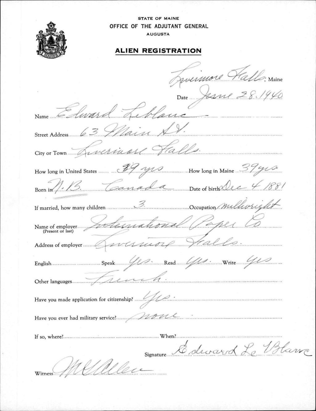 Miniature of Alien Registration- Leblanc, Edward (Livermore Falls, Androscoggin County)