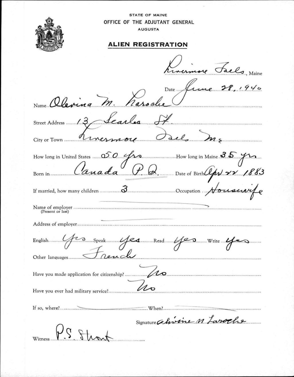 Miniature of Alien Registration- Laroche, Olevina M. (Livermore Falls, Androscoggin County)
