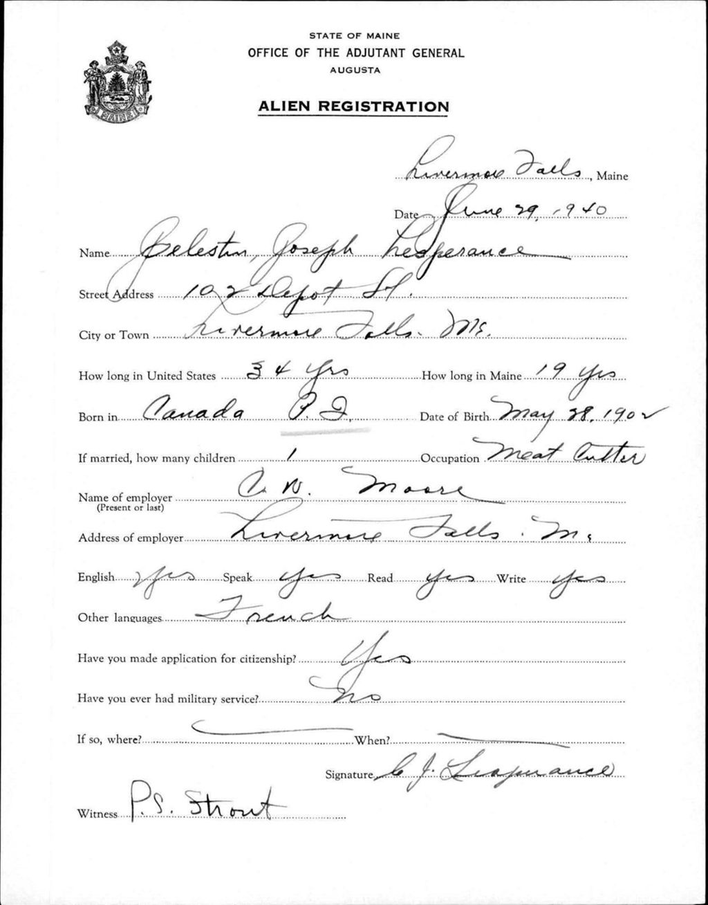 Miniature of Alien Registration- Lesperance, Celeston J. (Livermore Falls, Androscoggin County)