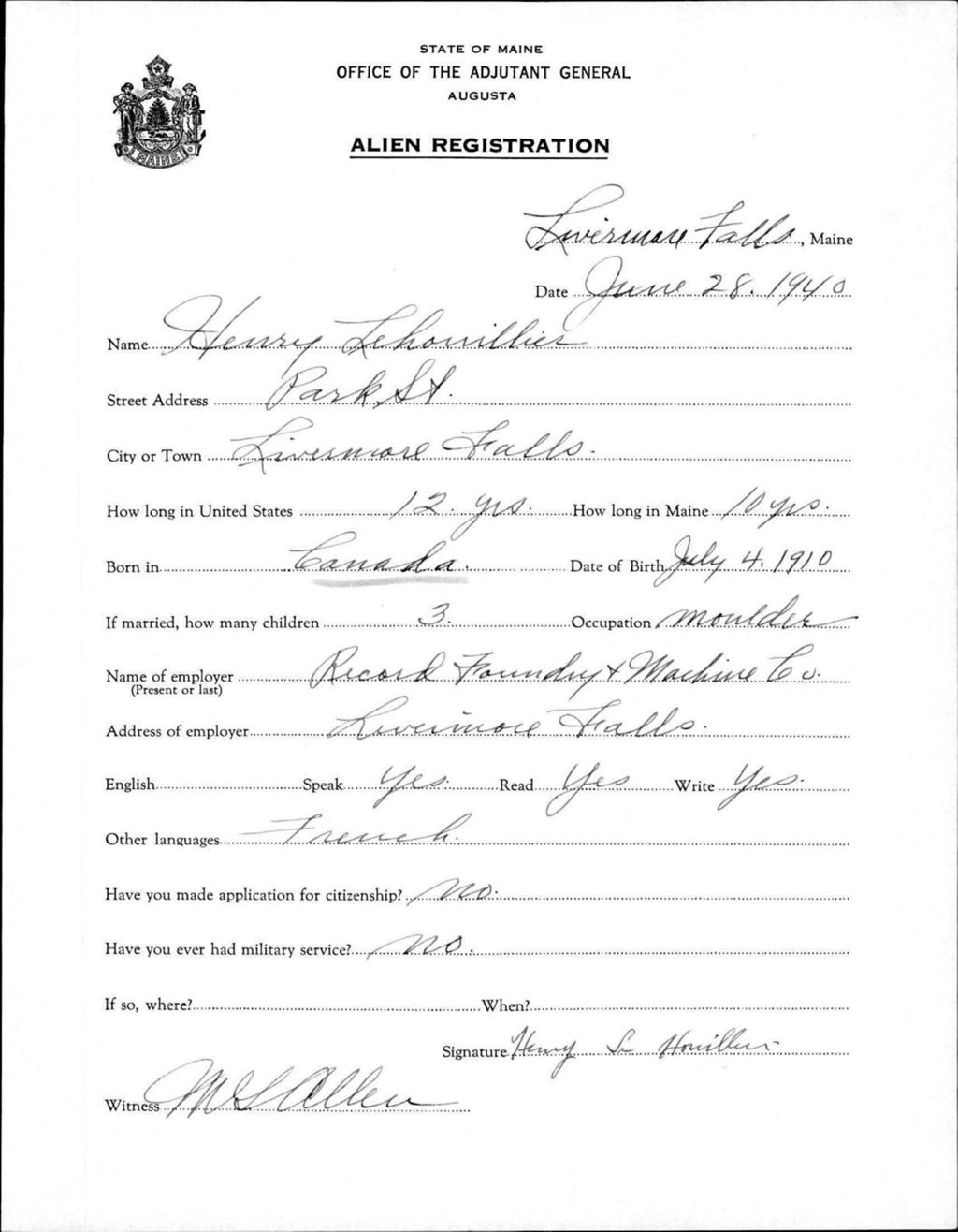 Miniature of Alien Registration- Lehouillier, Henry (Livermore Falls, Androscoggin County)