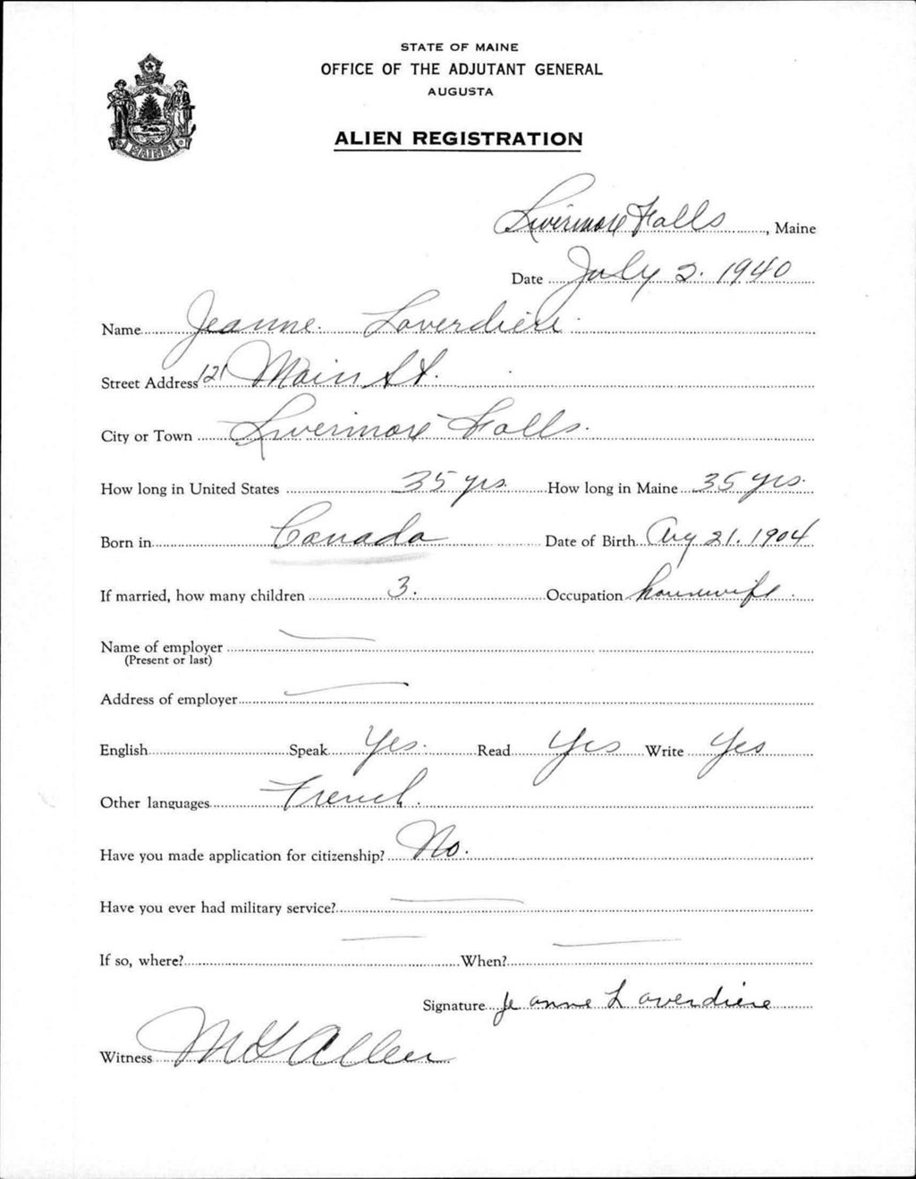 Miniature of Alien Registration- Laverdiere, Jeanne (Livermore Falls, Androscoggin County)