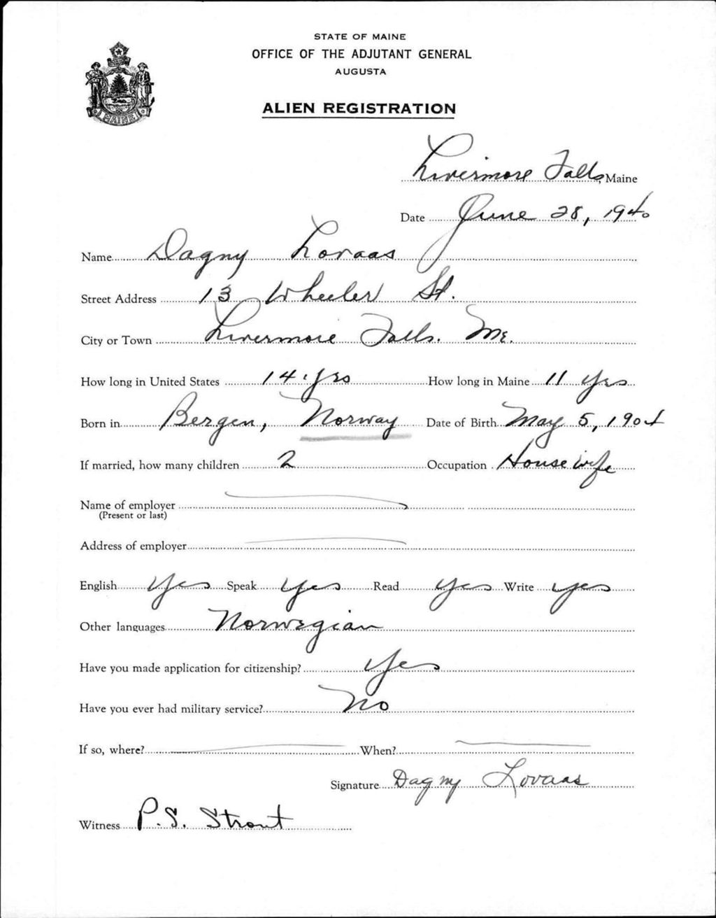 Miniature of Alien Registration- Loraas, Dagny (Livermore Falls, Androscoggin County)