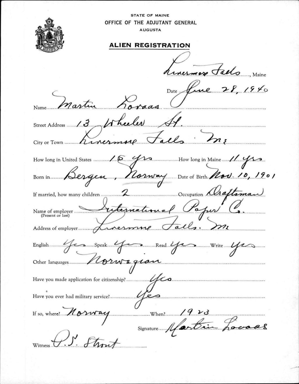 Miniature of Alien Registration- Loraas, Martin (Livermore Falls, Androscoggin County)