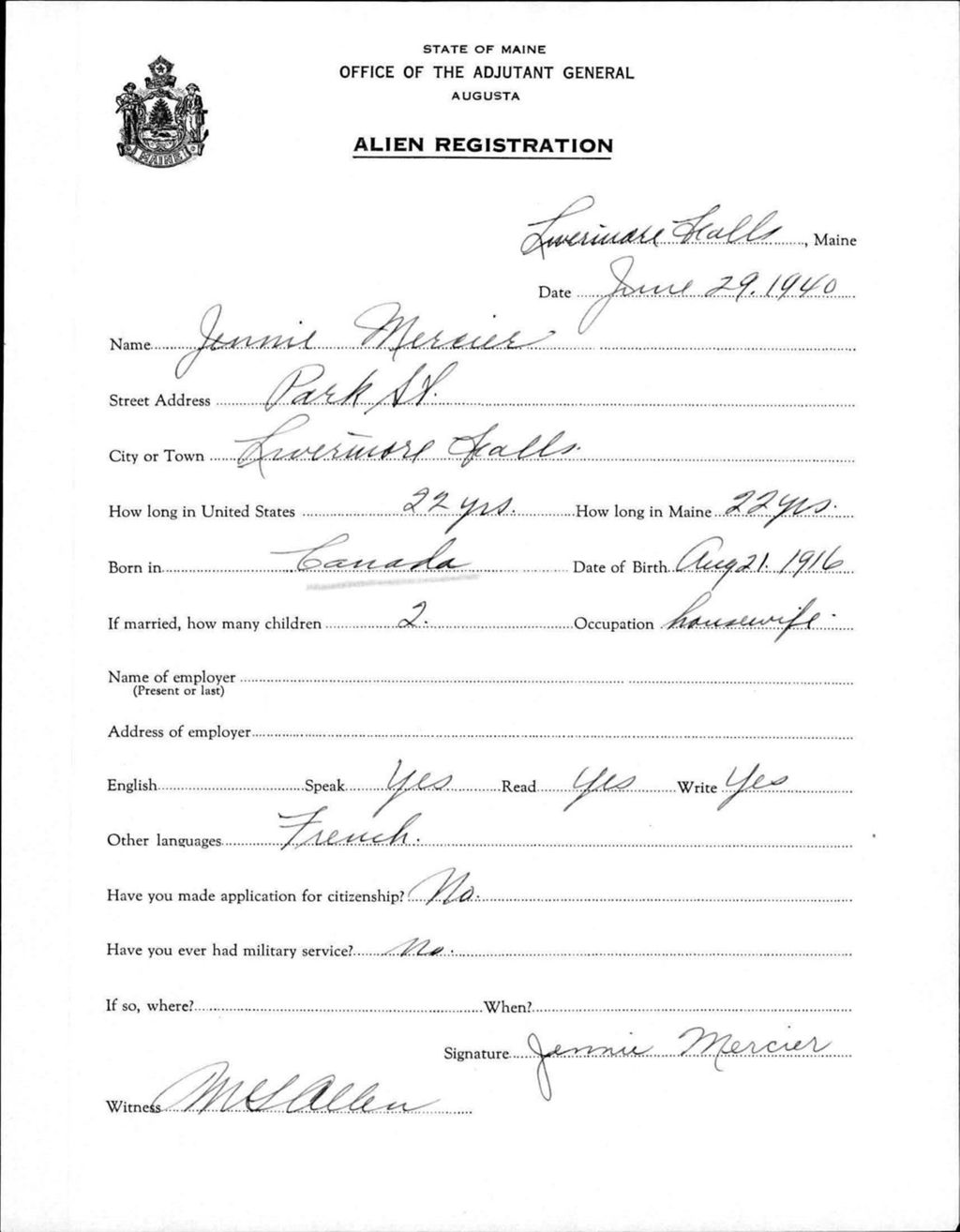 Miniature of Alien Registration- Mercier, Jennie (Livermore Falls, Androscoggin County)