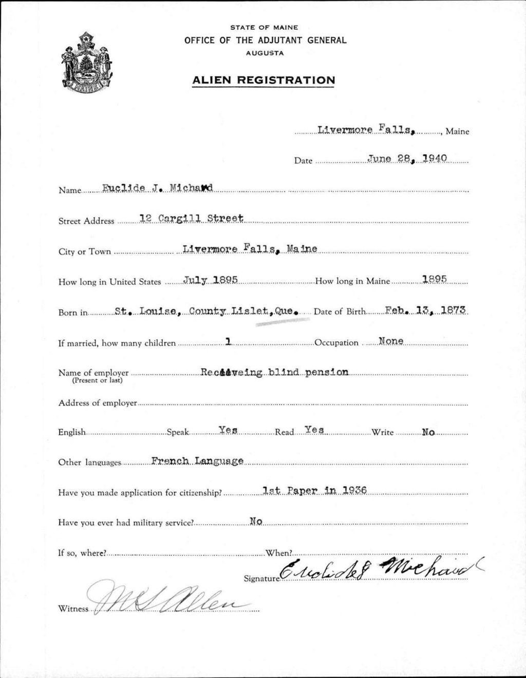 Miniature of Alien Registration- Michaud, Euclide J. (Livermore Falls, Androscoggin County)
