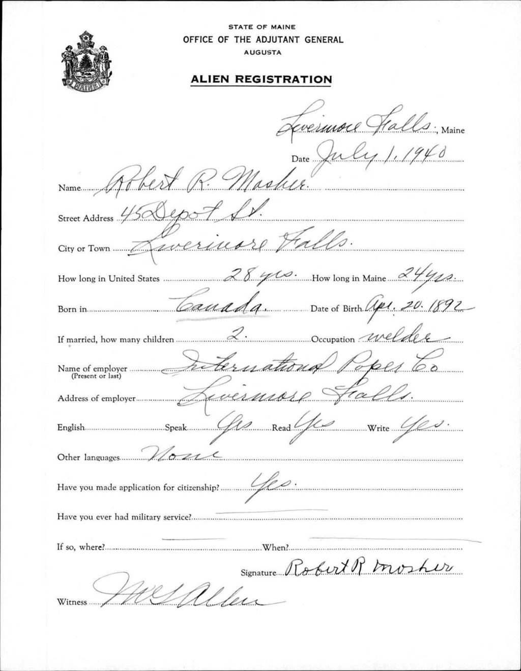 Miniature of Alien Registration- Mosher, Robert R. (Livermore Falls, Androscoggin County)