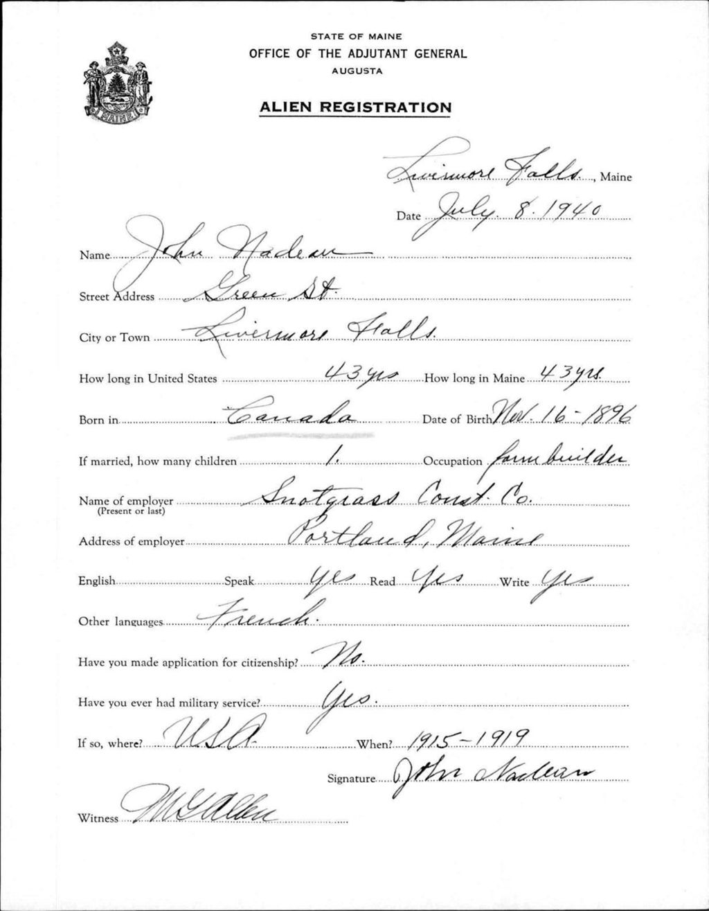 Miniature of Alien Registration- Nadeau, John (Livermore Falls, Androscoggin County)